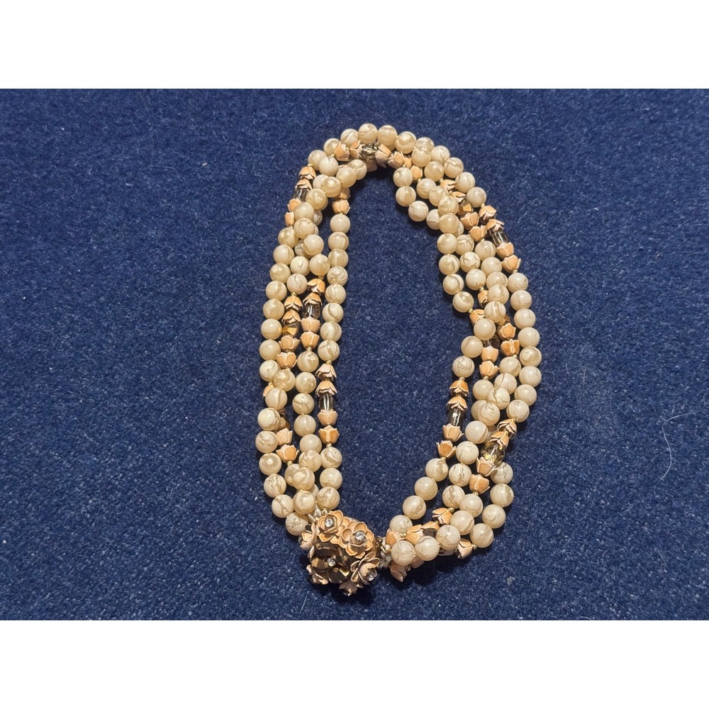 Vintage Triple Strand Beaded Necklace Floral Rhinestone Push Clasp Cream 16in